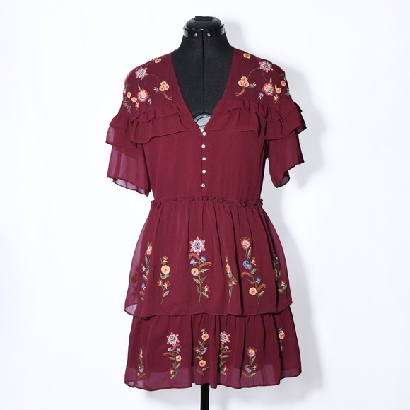 Zara Dresses & Skirts - Zara Burgundy Embroidered Mini Dress V-Neck Ruffle Sleeves